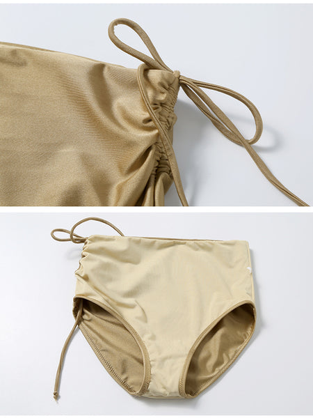 Sexy Retro Champagne Push Up Halter Neck Front Cross Bandage High Waist Swimsuit Bikini