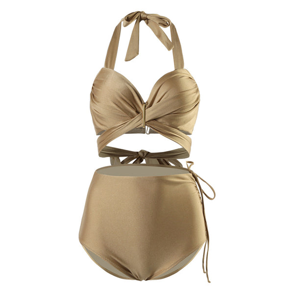 Sexy Retro Champagne Push Up Halter Neck Front Cross Bandage High Waist Swimsuit Bikini