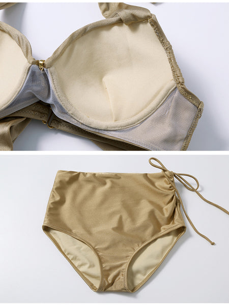 Sexy Retro Champagne Push Up Halter Neck Front Cross Bandage High Waist Swimsuit Bikini