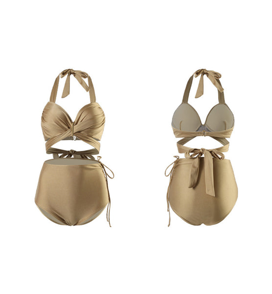 Sexy Retro Champagne Push Up Halter Neck Front Cross Bandage High Waist Swimsuit Bikini