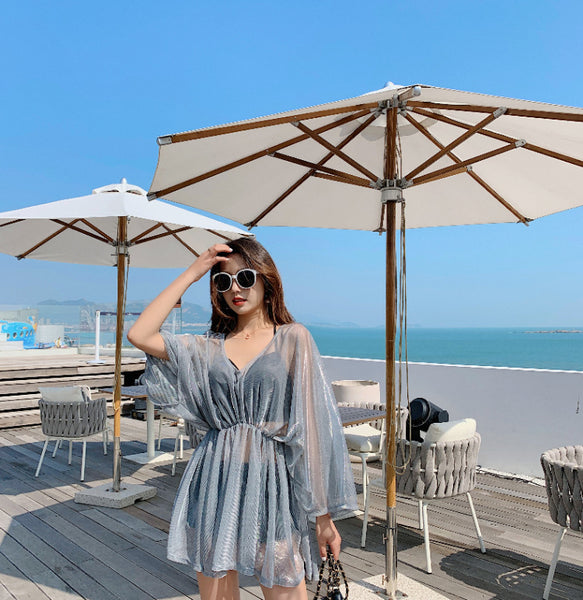 Attractive 3 in 1 Plus Size Push Up Halter Neck Long Sleeved Gauze Swimming Wear Bikini