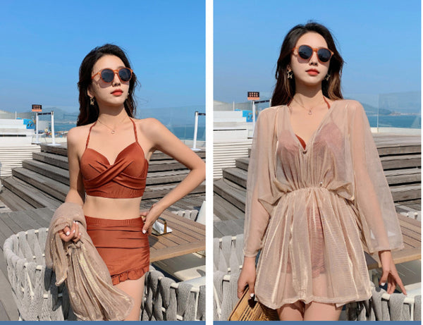 Attractive 3 in 1 Plus Size Push Up Halter Neck Long Sleeved Gauze Swimming Wear Bikini