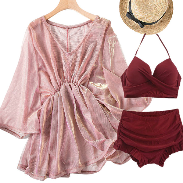 Attractive 3 in 1 Plus Size Push Up Halter Neck Long Sleeved Gauze Swimming Wear Bikini