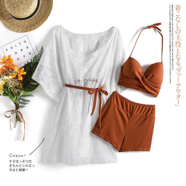 Attractive 3 in 1 Plus Size Push Up Halter Neck Long Sleeved Gauze Swimming Wear Bikini