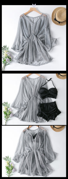 Attractive 3 in 1 Plus Size Push Up Halter Neck Long Sleeved Gauze Swimming Wear Bikini