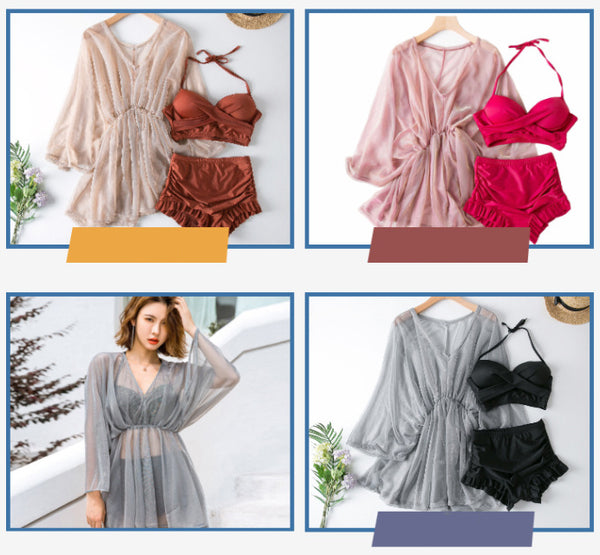 Attractive 3 in 1 Plus Size Push Up Halter Neck Long Sleeved Gauze Swimming Wear Bikini