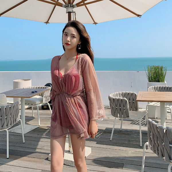 Attractive 3 in 1 Plus Size Push Up Halter Neck Long Sleeved Gauze Swimming Wear Bikini