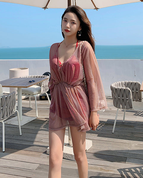 Attractive 3 in 1 Plus Size Push Up Halter Neck Long Sleeved Gauze Swimming Wear Bikini
