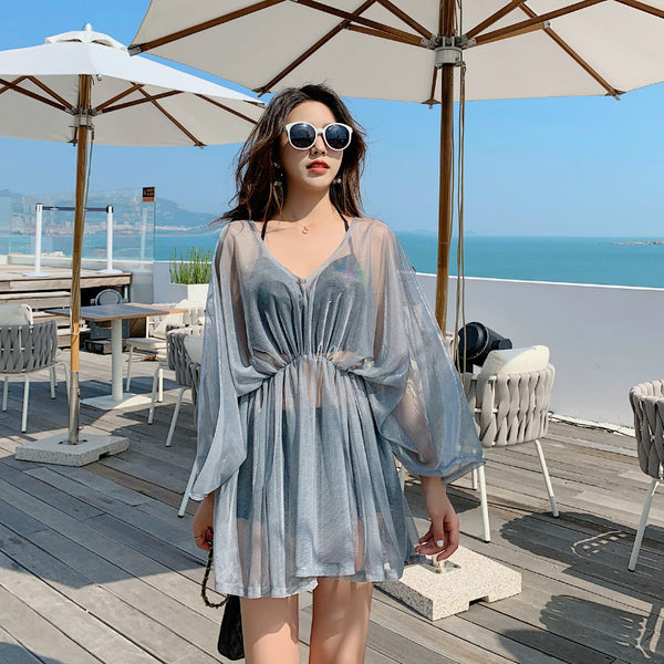Attractive 3 in 1 Plus Size Push Up Halter Neck Long Sleeved Gauze Swimming Wear Bikini