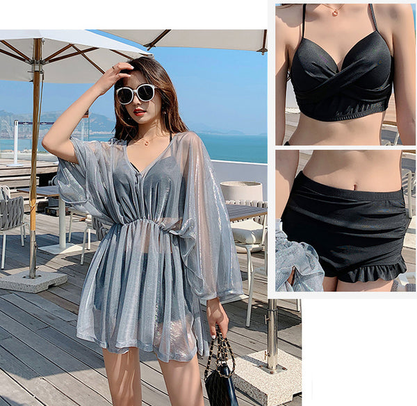 Attractive 3 in 1 Plus Size Push Up Halter Neck Long Sleeved Gauze Swimming Wear Bikini