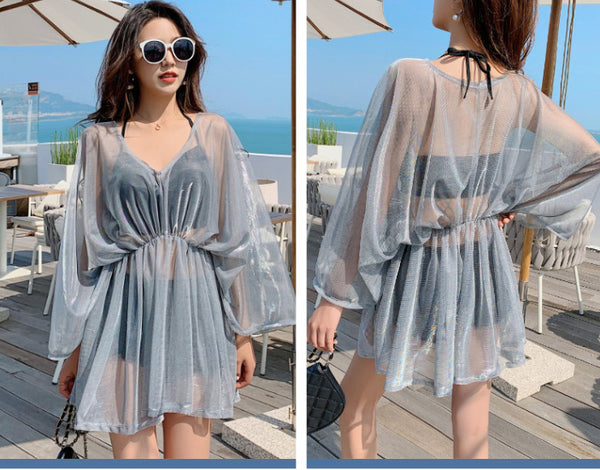 Attractive 3 in 1 Plus Size Push Up Halter Neck Long Sleeved Gauze Swimming Wear Bikini