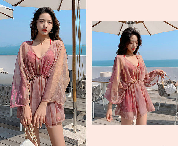 Attractive 3 in 1 Plus Size Push Up Halter Neck Long Sleeved Gauze Swimming Wear Bikini
