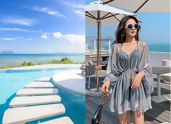 Attractive 3 in 1 Plus Size Push Up Halter Neck Long Sleeved Gauze Swimming Wear Bikini