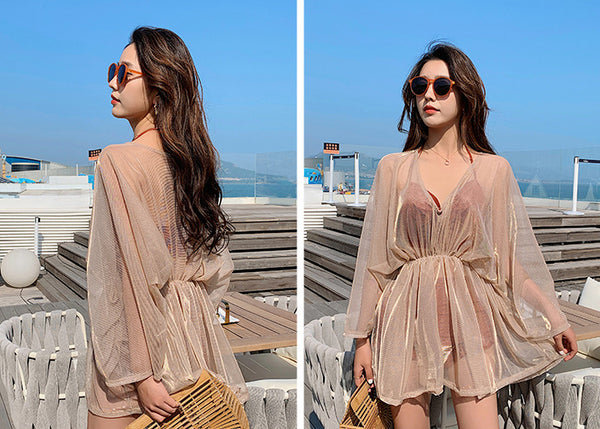 Attractive 3 in 1 Plus Size Push Up Halter Neck Long Sleeved Gauze Swimming Wear Bikini