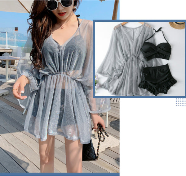 Attractive 3 in 1 Plus Size Push Up Halter Neck Long Sleeved Gauze Swimming Wear Bikini