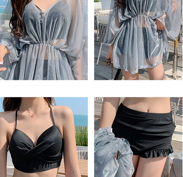 Attractive 3 in 1 Plus Size Push Up Halter Neck Long Sleeved Gauze Swimming Wear Bikini
