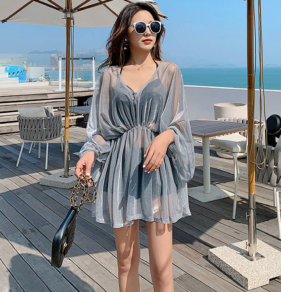 Attractive 3 in 1 Plus Size Push Up Halter Neck Long Sleeved Gauze Swimming Wear Bikini