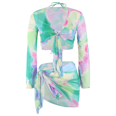 Trendy Fashion Colorful Multi Color Sexy 4 in 1 Tie Dye Long Sleeve 3D Bikini Swimsuit