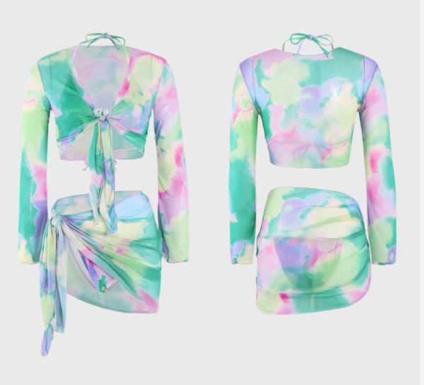Trendy Fashion Colorful Multi Color Sexy 4 in 1 Tie Dye Long Sleeve 3D Bikini Swimsuit
