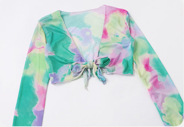 Trendy Fashion Colorful Multi Color Sexy 4 in 1 Tie Dye Long Sleeve 3D Bikini Swimsuit