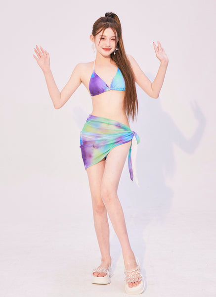 Hot Sales Sexy Women 3 in 1 piece Bathing Suit Color Side Bow Tie Dye Triangle Bikini Skirt Set