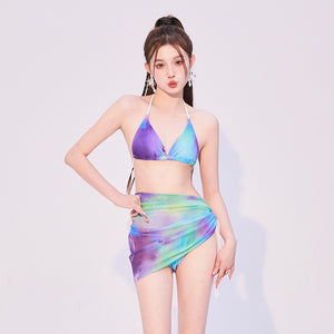 Hot Sales Sexy Women 3 in 1 piece Bathing Suit Color Side Bow Tie Dye Triangle Bikini Skirt Set