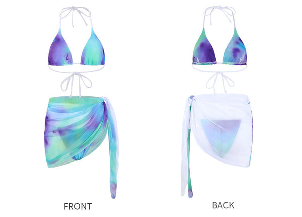 Hot Sales Sexy Women 3 in 1 piece Bathing Suit Color Side Bow Tie Dye Triangle Bikini Skirt Set