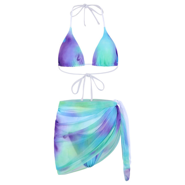 Hot Sales Sexy Women 3 in 1 piece Bathing Suit Color Side Bow Tie Dye Triangle Bikini Skirt Set