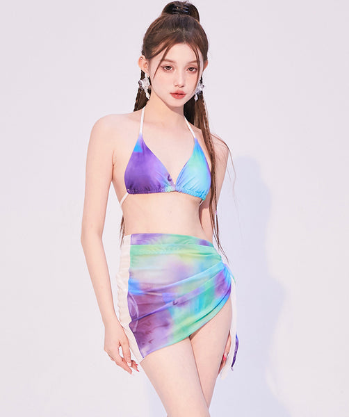 Hot Sales Sexy Women 3 in 1 piece Bathing Suit Color Side Bow Tie Dye Triangle Bikini Skirt Set