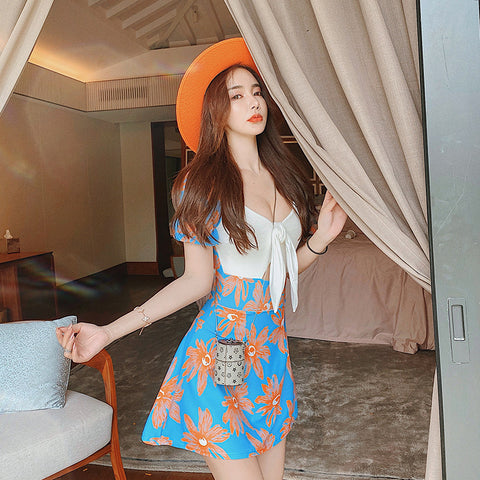 Temperament Women Retro Vintage V Neck Floral Printed Bow Straps One Piece Swimsuit Short Skirt