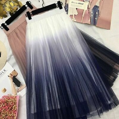 Tulle Summer Skirt Mid Calf Gradient Elegant High Waist A-line Pleated Skirts