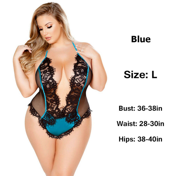 Halter Babydoll Plus Big V Size Women Sexy Lingerie Lace Bodysuit Teddies Wear