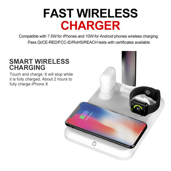 4 in 1 LED Wireless Charger Desk Lamp 3Modes Touch Dimmable w/USB Charging Port