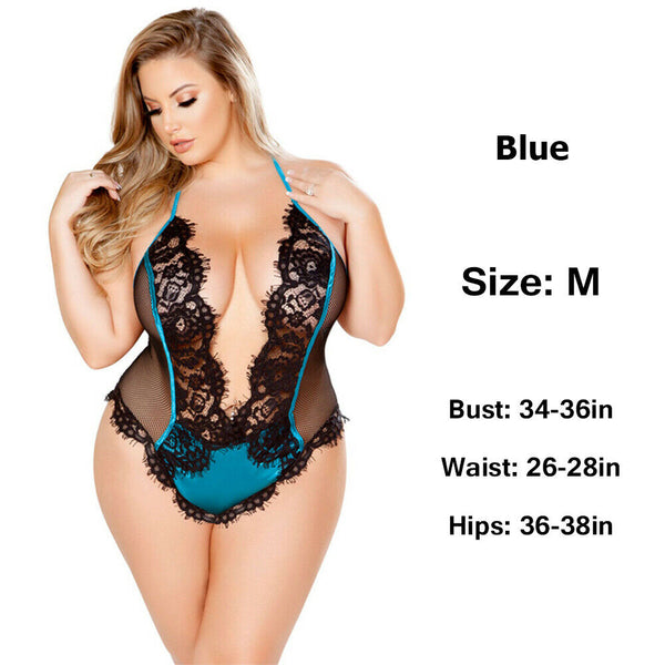 Halter Babydoll Plus Big V Size Women Sexy Lingerie Lace Bodysuit Teddies Wear