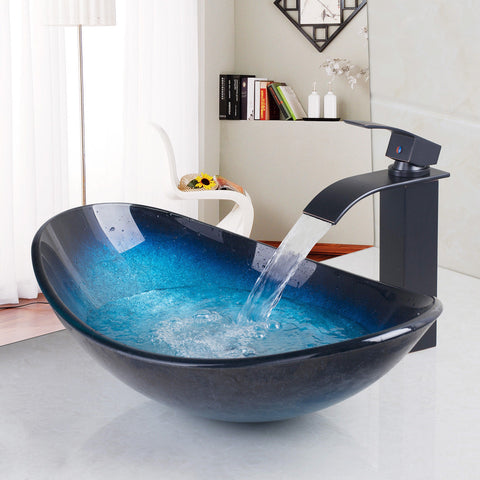 Tempered Glass Vessel Bathroom Toilet Sink Waterfall Faucet Pop Drain Combo Tap