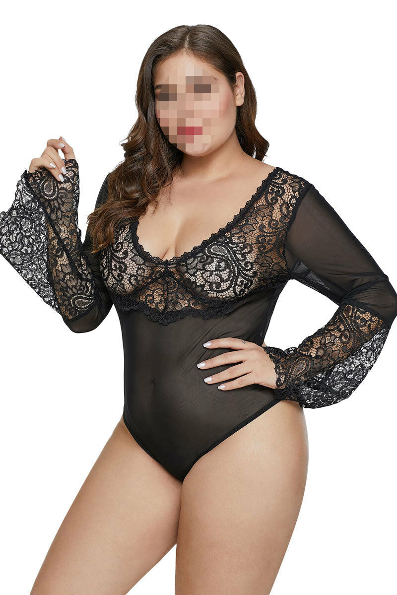 Stretchy Black Bell Sleeve Lace Mesh Plus Size Teddy Lingerie Bodysuit w/ Thong
