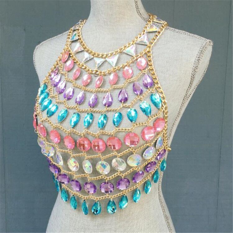 Colorful Sequins Crystal Beach Halter Camisoles Crop Tops Bra Bralet Body Chains