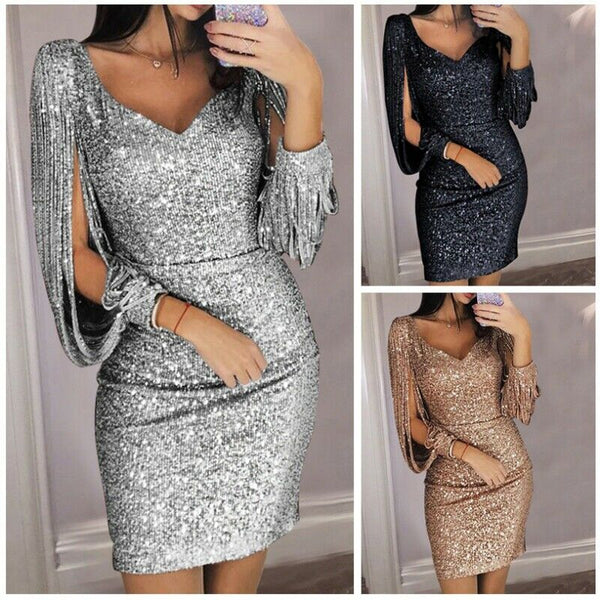 Women Sexy Deep V Sequined Sheath Long Sleeve Bodycon Cocktail Party Mini Dress