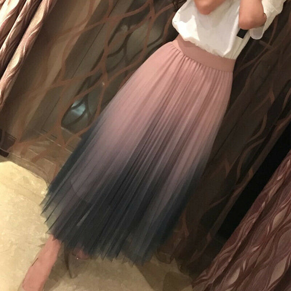 Tulle Summer Skirt Mid Calf Gradient Elegant High Waist A-line Pleated Skirts