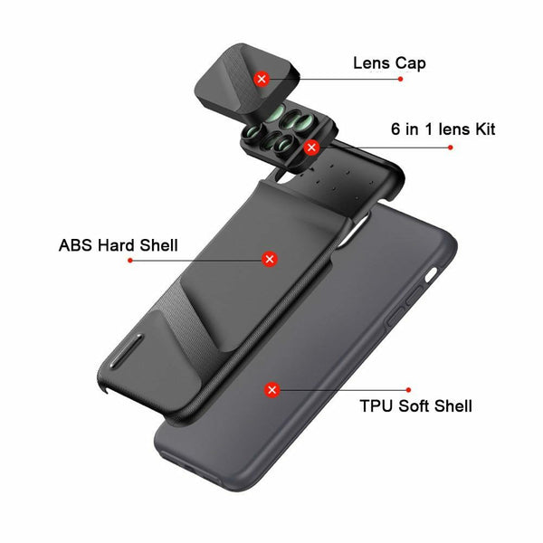 6 in 1 Camera Lens Phone Case Cover Full Coverage Fisheye for iPhone XR XS Max