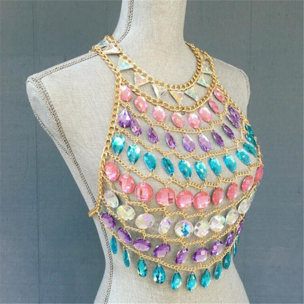 Colorful Sequins Crystal Beach Halter Camisoles Crop Tops Bra Bralet Body Chains