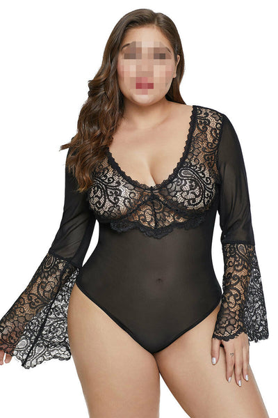 Stretchy Black Bell Sleeve Lace Mesh Plus Size Teddy Lingerie Bodysuit w/ Thong