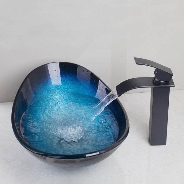 Tempered Glass Vessel Bathroom Toilet Sink Waterfall Faucet Pop Drain Combo Tap