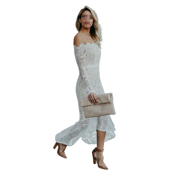 Women Elegant Off Shoulder Lace Long Mermaid Dress Wedding Bridesmaid Formal
