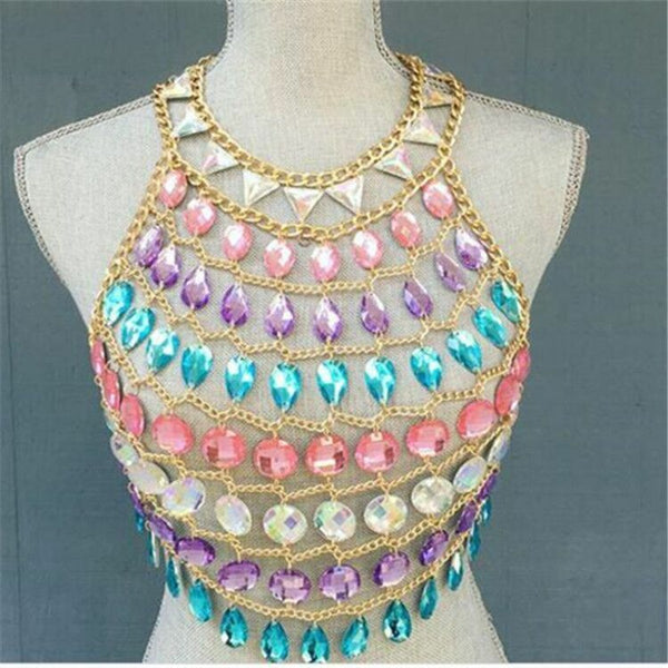 Colorful Sequins Crystal Beach Halter Camisoles Crop Tops Bra Bralet Body Chains