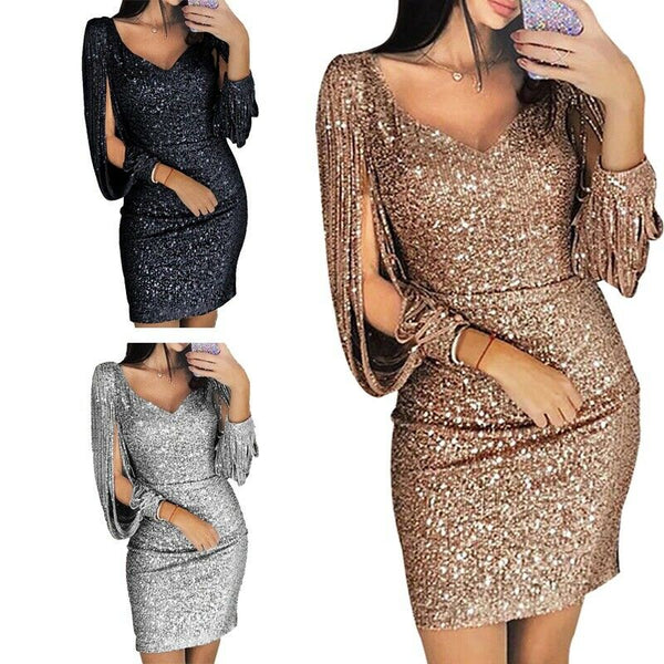 Women Sexy Deep V Sequined Sheath Long Sleeve Bodycon Cocktail Party Mini Dress