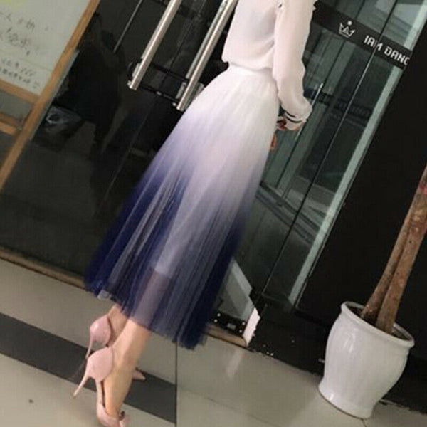 Tulle Summer Skirt Mid Calf Gradient Elegant High Waist A-line Pleated Skirts