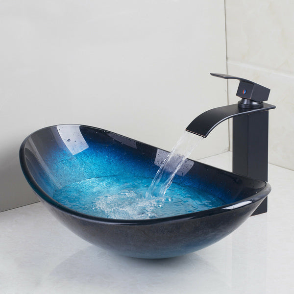 Tempered Glass Vessel Bathroom Toilet Sink Waterfall Faucet Pop Drain Combo Tap