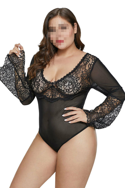 Stretchy Black Bell Sleeve Lace Mesh Plus Size Teddy Lingerie Bodysuit w/ Thong