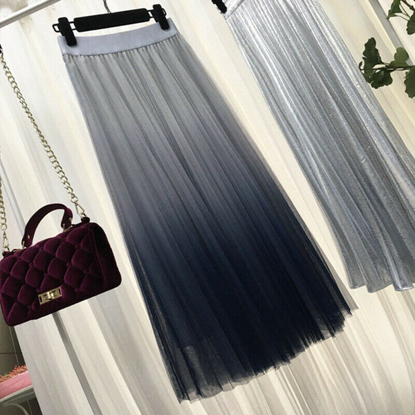 Tulle Summer Skirt Mid Calf Gradient Elegant High Waist A-line Pleated Skirts